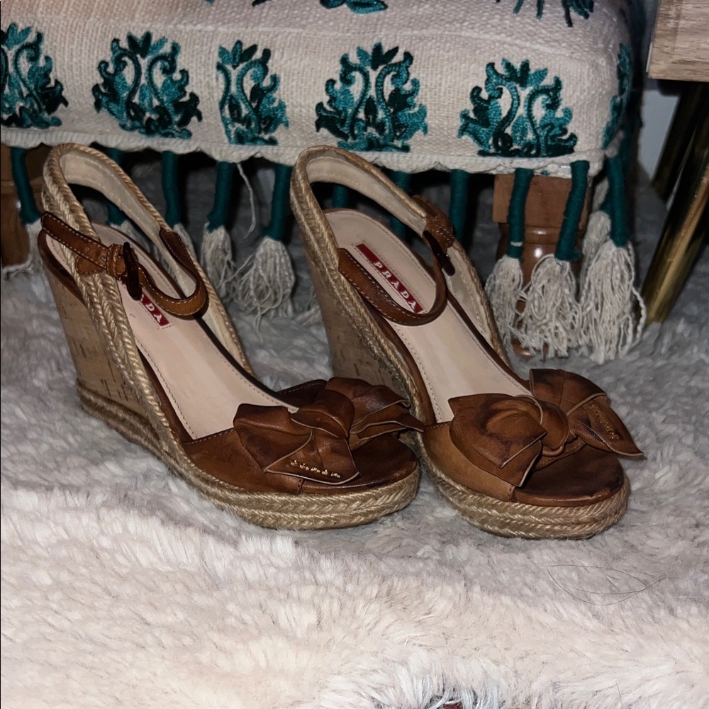 Prada Brown Wedge Sandals with Bow